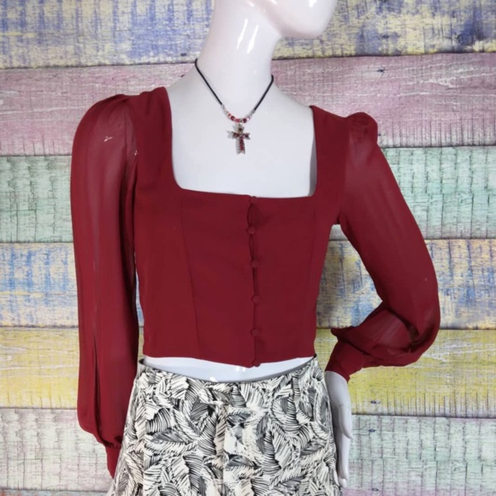 H&M Red sheer sleeve crop top size 2